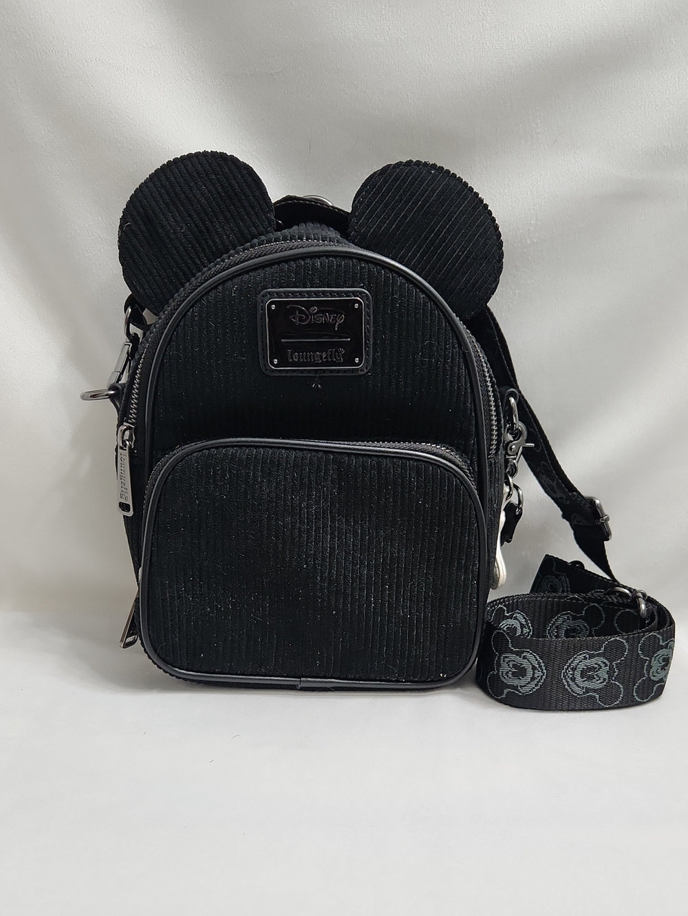 Disney Loungefly Black Corduroy Mini Backpack with Ears and Detachable Strap